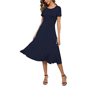 EXCHIC Women's Casual Round Neck Short Sleeve Midi Dress Solid Stretchy Waist Knee Long Dress L
