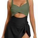 SIMIYA Women One Piece Swimsuit,Sexy V Neck Bathing Suit Dress,Cutout High Waist Tummy Control Swimwear with Cute Tie Knot, M, 1pcs-black+green