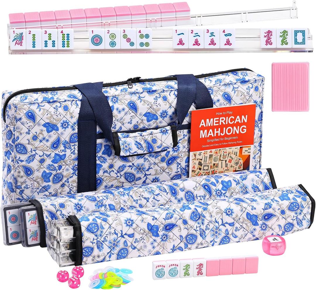 American Mahjong Set with 166 Pink Tiles, Racks, White Mahjong Bag and Accessories, Mahjong Tile Set for Beginners