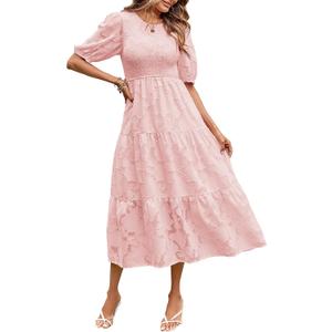 MEROKEETY Women's 2025 Summer Puff Sleeve Smocked Floral Dress Crewneck Lace Flowy Tiered Midi Dresses (Pink, S)