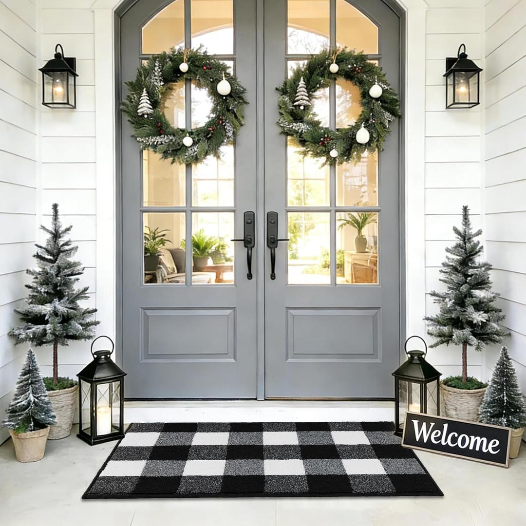REFETONE Buffalo Plaid Rug 24"x36", Black and White Checkered Rug Rubber Backing Non-Slip Indoor Outdoor Rugs for Layered Door Mats, Washable Absorbent Carpet for Front Porch Farmhouse Entryway