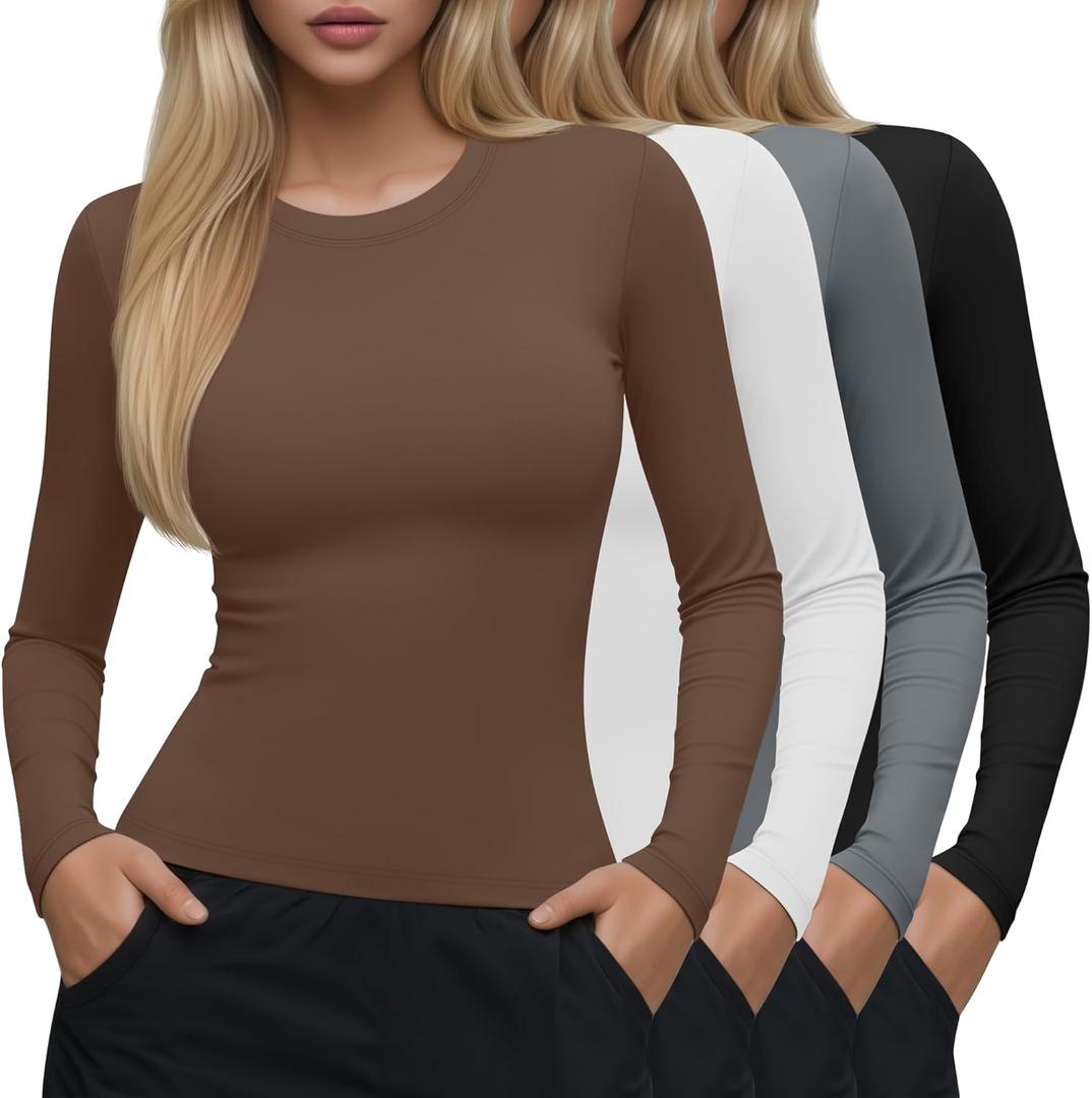 Neer 4 Pcs Womens Long Sleeve Yoga Shirts Crew Neck Compression Tight Workout Shirts Lightweight Stretchy Breathable Tees (Medium, Brown, White, Light Gray, Black)