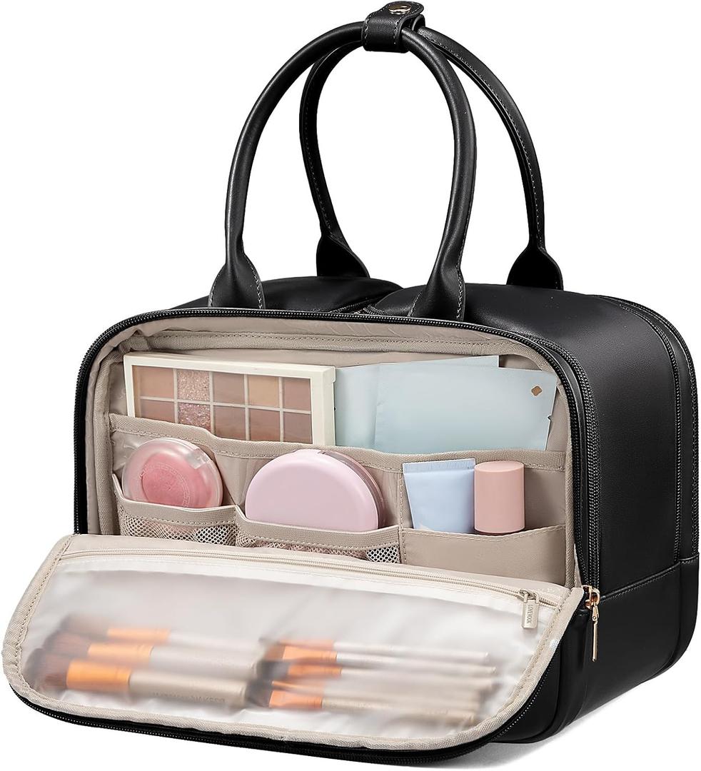 LOVEVOOK Travel Toiletry Bag for women, Leather Large Wide-open Makeup Bag, Waterproof Cosmetic Bag Organizer for Shower, Traveling, Toiletries, Bathroom
