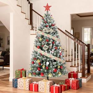 Garvee 6 Ft Artificial Christmas Tree, Pre-Lit Xmas Tree with 350 Colorful Lights & 876 Branch Tips, Snow Flocked Xmas Tree with Foldable Metal Stand, Full & Realistic Appearance for Holiday Decor