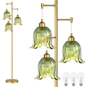 QIYIZM Gold Floor Lamp for Living Room,Bedroom,Tree 3 Light Standing Lamp Mid Century Modern Brass Tall Floor Lamps Vintage Retro Floor Lights Green Glass Flower Lamp Shade Farmhouse Boho Bohemian