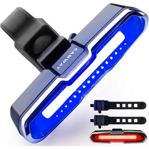 Canway Bicycle Rear Light Red/Blue, Bike Tail Light Rechargeable 168 Lumens Bike Tail Light Battery USB C 500mah 5 Modes Waterproof Safety for Road Mountain Night Riding