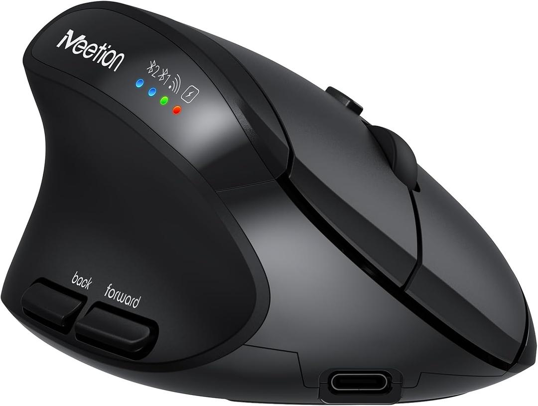 MEETION Left-Handed Ergonomic Vertical Mouse, Wireless, Rechargeable, Black | Dual-mode connectivity via Bluetooth 5.2, Bluetooth 3.0 and USB. 4 adjustable DPI (8002400) for Windows, Mac, PC and iPad