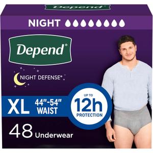 Depend Night Defense Adult Diapers, Incontinence Underwear for Men, Disposable, Overnight, Extra-Large, Grey, 48 Count (4 Packs of 12)