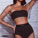 Rhinestone Crystal Crop Top, Long Sleeve Mesh Body Chains, See Through Mesh Diamond Fishnet Shirts Outfits (Black, No Size)