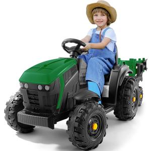 ELEMARA 24V 9AH Ride on Tractor with Easy Detachable Trailer, 400W Motors Electric Tractor Toy for Big Kids, All-Terrain Capability, Safety Design with 3-Point Seat Belt for Ages 3+, Green