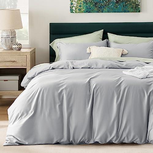 Bedsure Cooling Duvet Cover Queen - Moisture Wicking and Silky Eucalyptus Lyocell Cotton Hybrid Comforter Cover Set for Hot Sleeper - Buttery Soft and Breathable, Cooling Bedding Set, Silver Grey