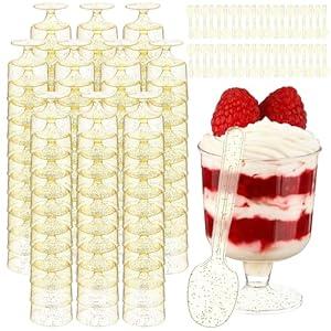 Kritkin 200 Pcs Dessert Cups with Spoons Small Plastic Goblets Disposable Parfait Pudding, Mousse, Appetizer Cups Set for Wedding Valentine's Day Party(Goblet, Gold Glitter)