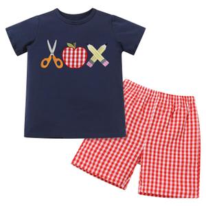 IMEKIS Back to School Outfits for Boy: First Day of School Outfit Boys Kindergarten Apple Shirt Top with Shorts Matching Sets Picture Day Outfits for School Toddler Kids Preschool Navy Blue 5-6 Years