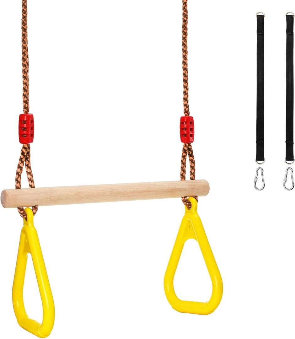 Trapeze Bar, 16" Adjustable Height Wooden Swing Set, Trapeze Climbing Bar Assembly with Rings, Gym Hanging Accessories Playground Attachments