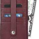 Leatherboss Genuine Leather Women's All in One Credit Business Card Case Holder Slim Zipper Wallet With a Card Protection Strap, Wine