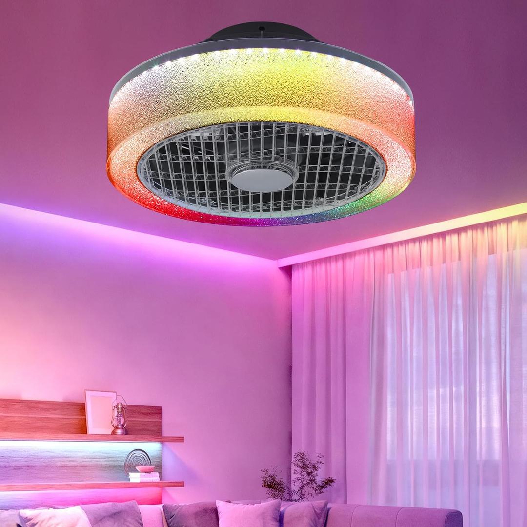 15.7" Ceiling Fan with Lights Remote Control, Low Profile Blade LED RGB Ceiling Fan Enclosed Flush Mount Ceiling Fans with Timming for Bedroom, Living Room, 6-Speed Quiet DC, 3000-6000K, Gray
