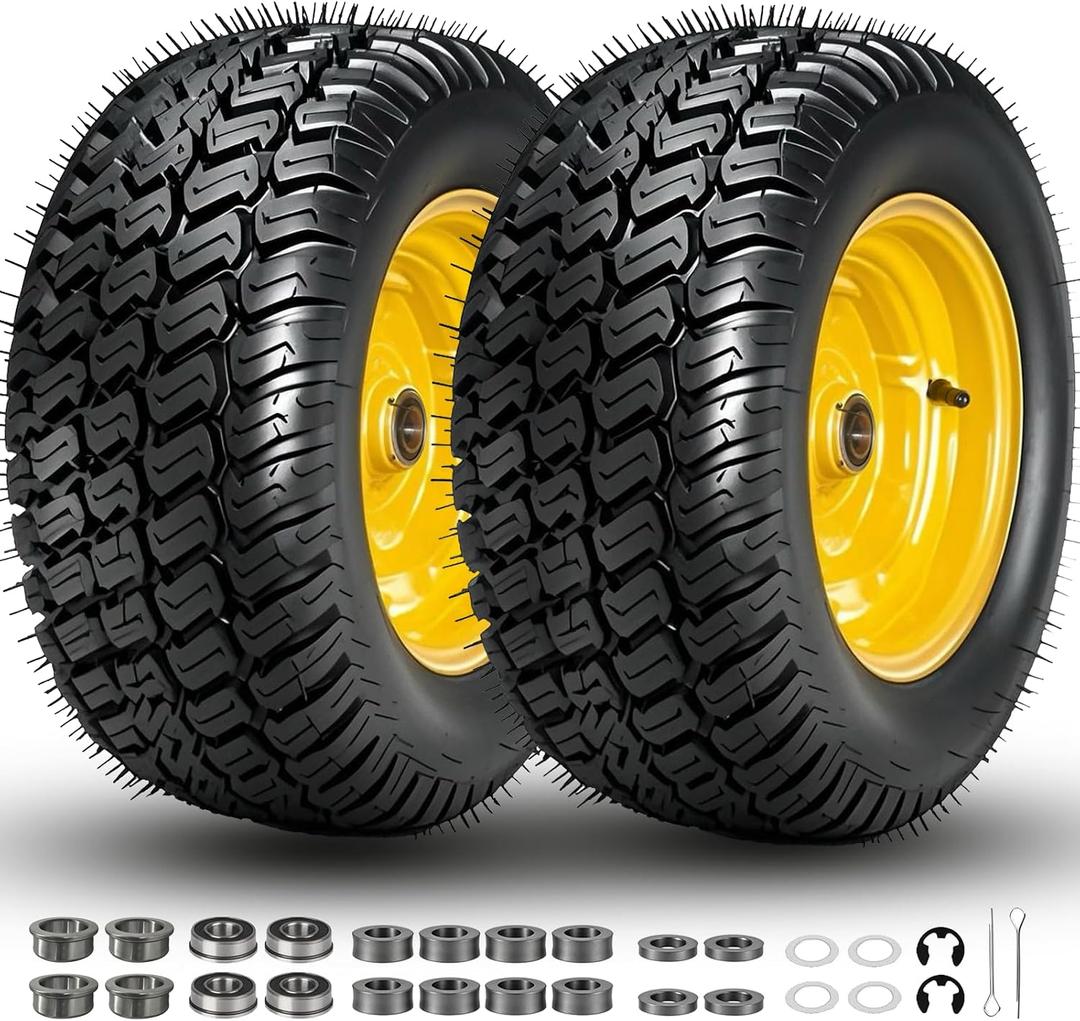 16x6.50-8 Tubeless Tire and Wheel, 4 Ply 16x6.5-8" Lawn Mower Tires with 3/4" Bearings with Extra 5/8" Bearings and 1" Bushings, 3"-5.8" Offset Hub, Fit Riding Mower and Garden Tractor Front Wheels, 16x6.50-8 2P YellowOffset Hub