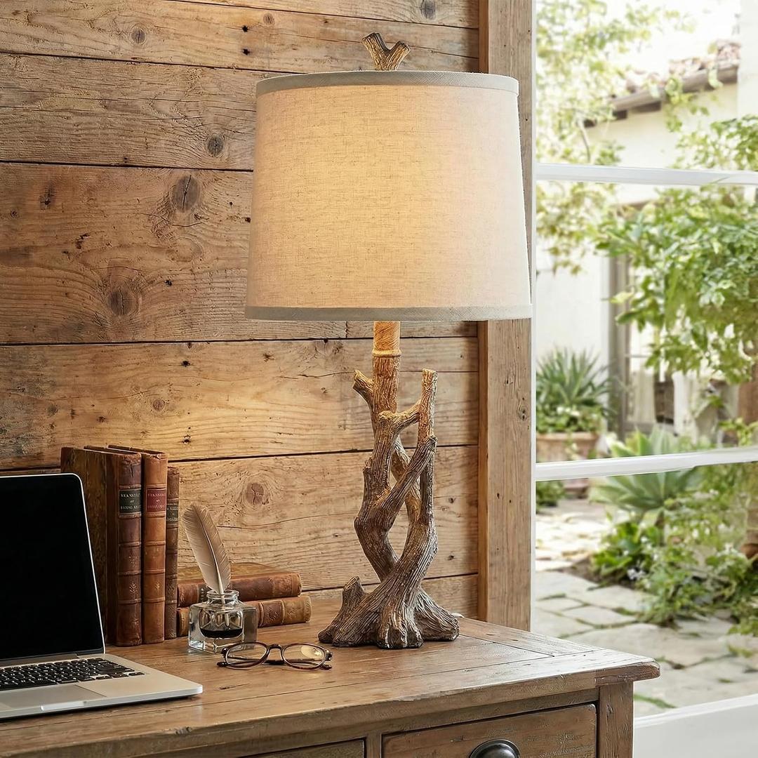 OYEARS 23" Rustic Farmhouse Table Lamp Country Cottage Lamps for Nightstand Tree Trunk Wood Grain Lamp for Bedroom Living Room with Oatmeal Fabric Round Shade Resin Bedside Lamp