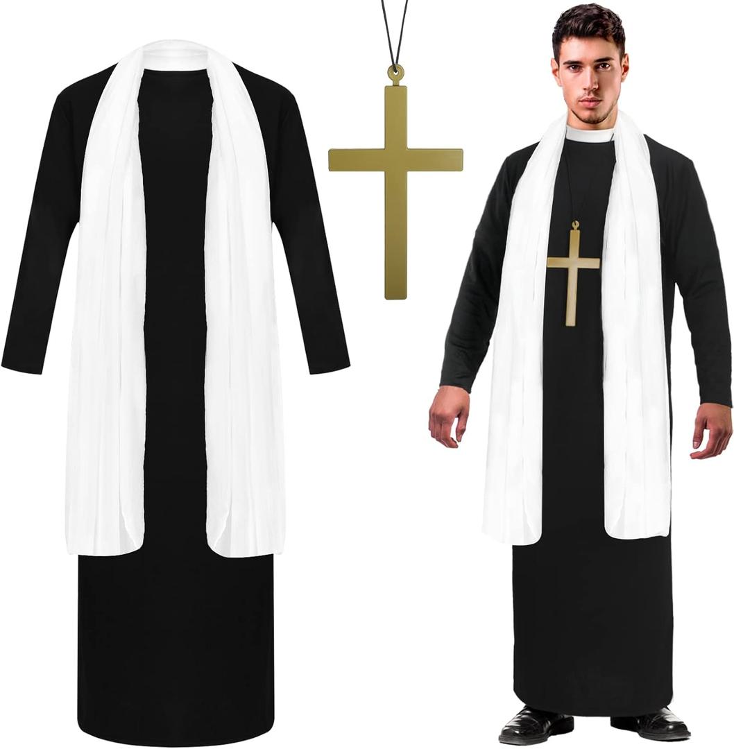 Jiuguva 3 Pcs Halloween Priest Costume for Men Adult with Father Robe White Stole Cross for Halloween Dress up Party (X-Large)