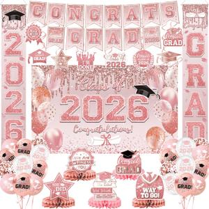 Graduation Decorations Class of 2026, Pink Rose Gold Graduation Decorations Set, Congrats Grad Banner & Backdrop, Porch Sign, Hanging Swirls, Balloons, Honeycomb Centerpieces for High School & College Celebrations