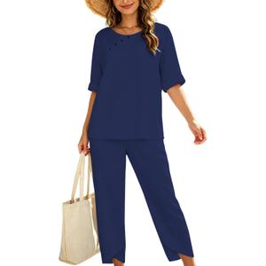 Lounge Sets for Women 2026 Summer Casual 3/4 Sleeve Tops and Pants Soft Loungewear Travel Outfits with Pockets (Blue, S)