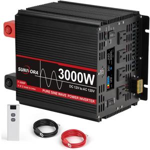 3000 Watt Pure Sine Wave Power Inverter with LCD 12V DC to 110V/120V AC Peak Power 6000W Car Power Inverter with 4 AC Outlets & 1 USB Port & Remote Control for Truck RV Car Solar System