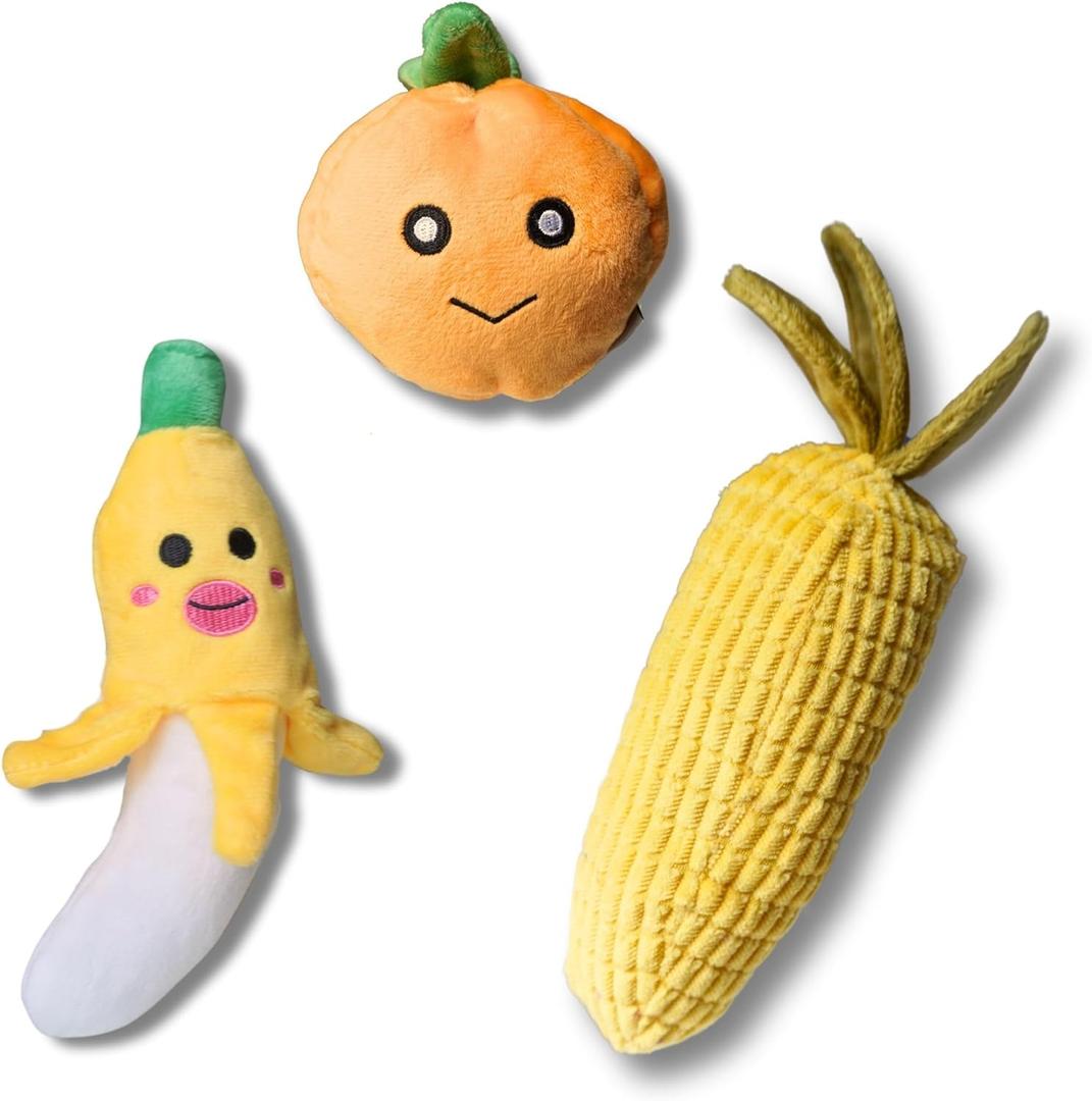 3 Pack Squeaky Toy Dog Plush Toy Set for Puppies Medium Large Dog Washable Self-Entertainment (Happy Fruit Style)