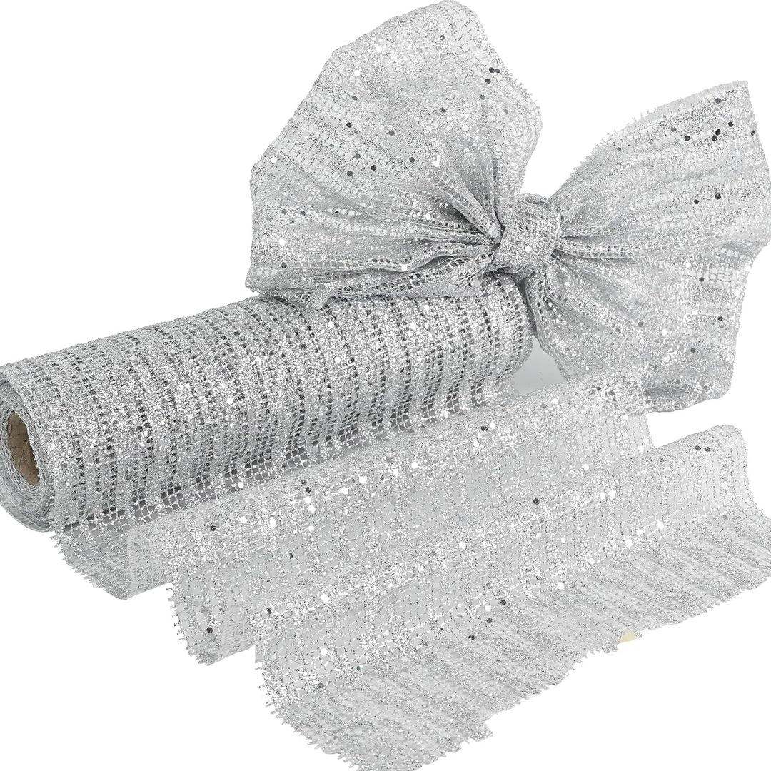 HUIHUANG Silver Glitter Christmas Tree Ribbon - 10 Inch Wide Mesh Fabric, 10 Yards for Tree Decorations, Garlands, Large Bows, Box Wrapping