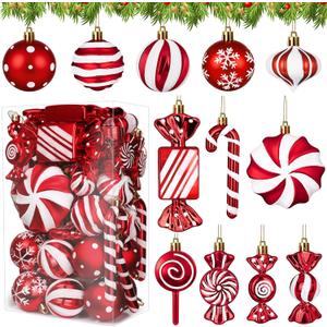 Roberly 48 Pcs Christmas Candy Cane Lollipop Ornaments, Red & White Christmas Tree Decorations Set Shatterproof Hanging Ball Pendants for Xmas Tree Candy Land Themed Party Supplies Holiday Home Decor