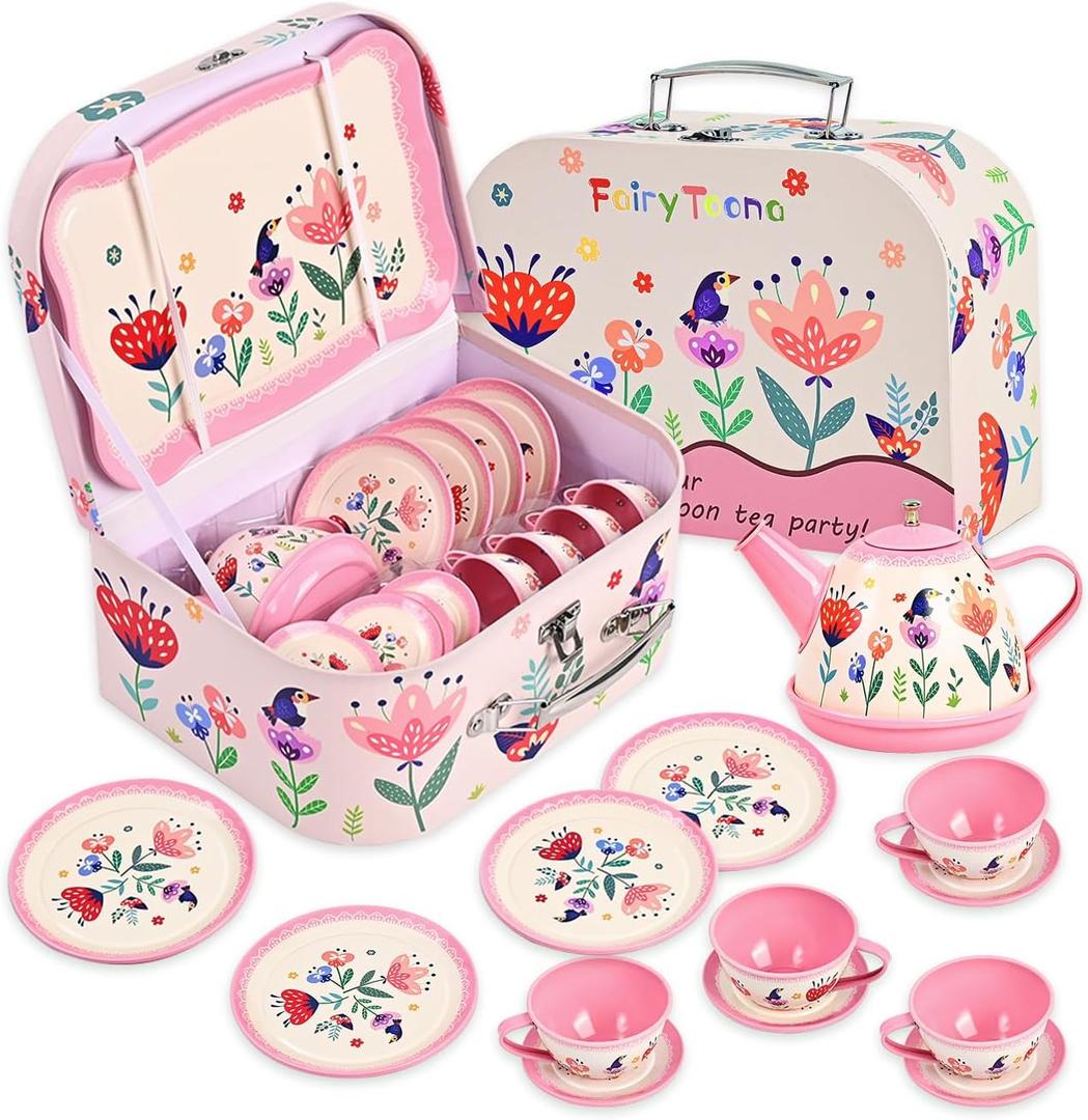Floral Tea Party Set for Little Girls Ages 3-6, 15-Piece Pretend Play Kitchen Toys with Teapot, Cups, Plates & Storage Case, Princess Gift Set (Pink)