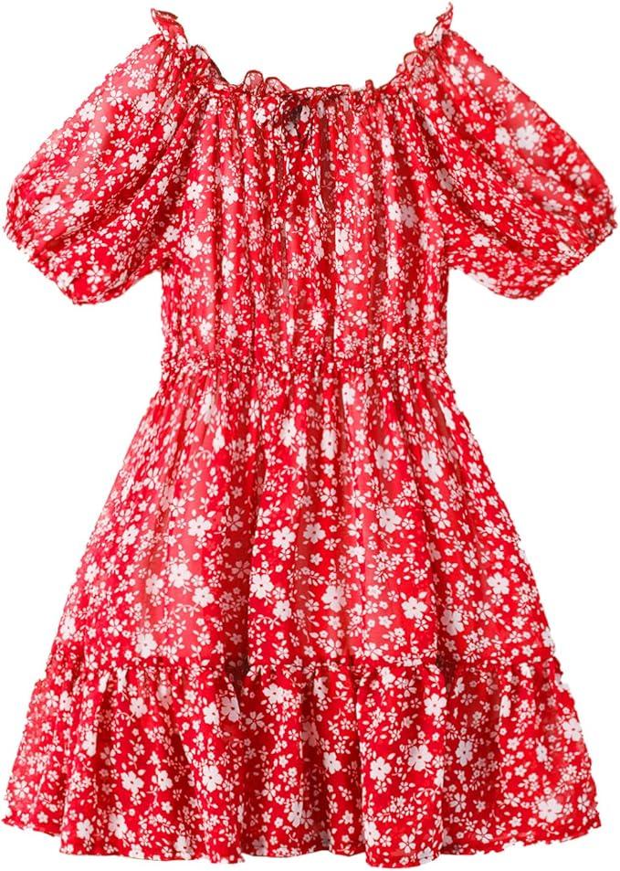 LittleSpring Girls Short Sleeve Dresses Off Shoulder or O-Neck Summer Dress Chiffon Floral Ruffle Cloth, Small