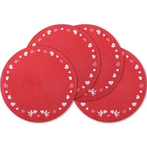 Remerry Valentine's Day Embroidered Placemats Set of 4, Round 13 Inch Washable Non-Slip Woven Table Mats Wedding Anniversary Place Mats for Party Kitchen Dining Decoration (Red)