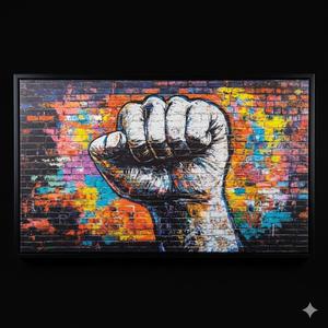 Framed Canvas print featuring a vibrant graffiti-style clenched fist artwork on a multicolored brick wall 60L X 30W
