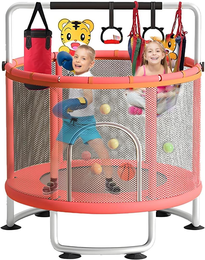 60'' Indoor Outdoor Rebounder Trampoline for Kids, 5 FT Recreational Toddler Trampoline with Safety Enclosure Net Gifts with Basketball Hoop Dartboard Ocean Bal (Pink)