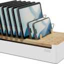 Prosumers Choice Bamboo Charging Station for Multiple Devices - Wooden Charger Organizer with Removable Dividers for Phones, Tablets, and Laptops - 11 Inch Cable Organizer Box - Space-Saving Desk Dock (Metal & Bamboo White)