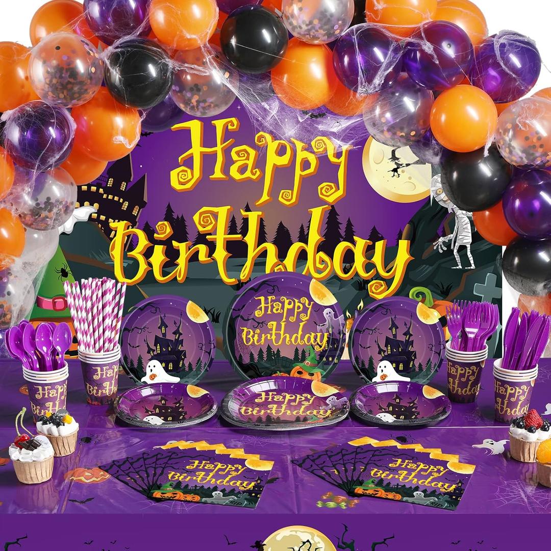 277 PCS Halloween Party Supplies Full Set Happy Birthday Decoration Backdrop Balloons Disposable Plates Tablecloth for Halloween Home Decor and Tableware, Serves 24