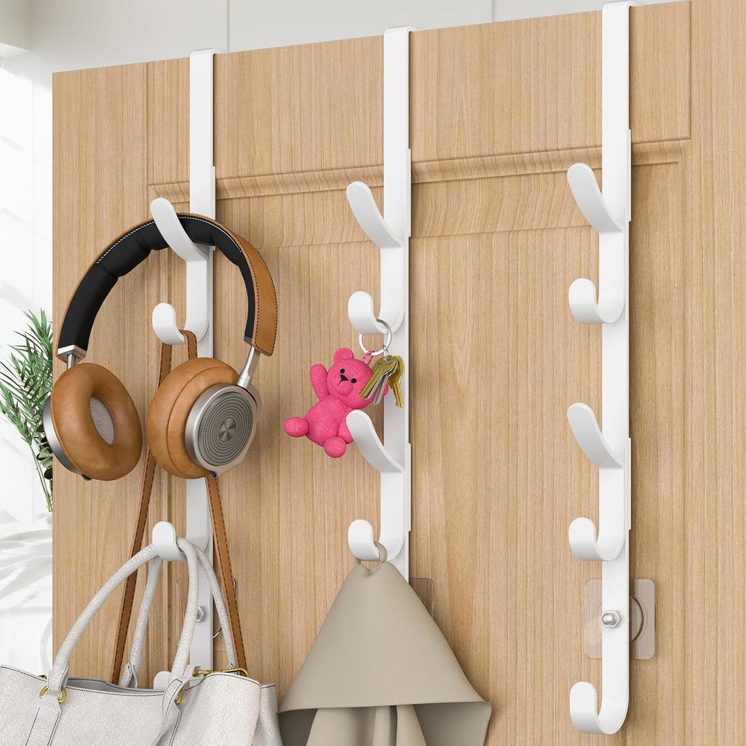 Over The Door Hooks, Metal Door Hooks for Hanging, Over The Door Purse Organizer for Coat Hanger, Back of Shower Door for Hanging Towel Rack Clothes, Hat, Bathroom, Closet (White-3Packs)