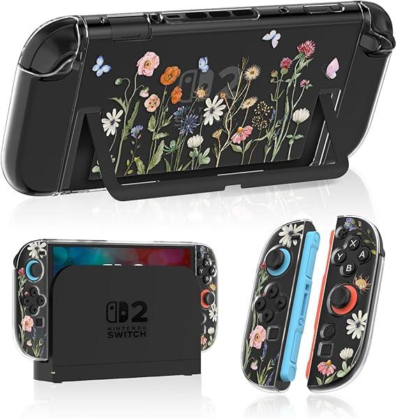 Gurgita Dockable Protective Case for Nintendo Switch 2 2025 - Cute Cartoon Flower Design Clear TPU Slim Hard Cover for Joycon 2 for Women Teens Girls Boys