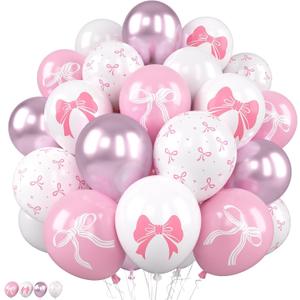 2 x Pink Bow Balloons, 50 Pcs for Girls Birthday Baby Shower Party | 12 Inch Light Pink Pastel Pink White Metallic Bow Print Latex Balloons for Women Princess Bridal Bachelorette Party Decor