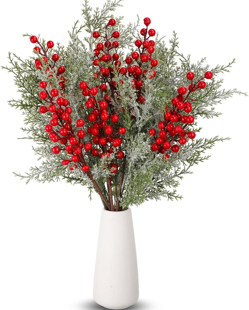 16 Pcs Christmas Tree Branches Filler Artificial Pine Branches with Berry Stems Christmas Tree Picks Greenery Sprays Berry and Cedar Picks for Vase Fillers Table Decor(Snow Cover,Red)