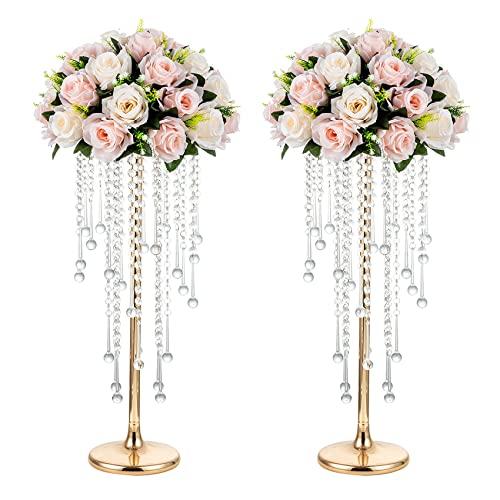 NUPTIO Wedding Centerpieces Gold Vases: 2 Pcs 21.7in Tall Crystal Flower Vase Metal Flowers Stand for Party Tables Decorations - Elegant Bulk Weddings Decoration Table Chandelier Centerpiece Stands