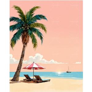 Seaside Paint by Numbers Kit for Adults - DIY Tropical Beach with Palm Tree Painting on Canvas 16x20, Acrylic Paint Set, Suitable for Beginners, Art for Home Decoration or Gifts