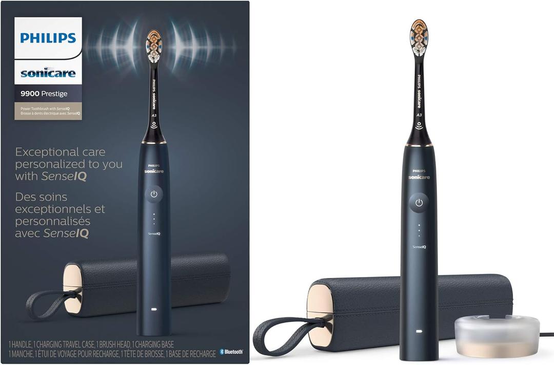 Philips Sonicare DiamondClean 9900 Prestige Electric Toothbrush - with SenseIQ Technology and Advanced AI App, 5 Brushing Modes, 3 Intensity Levels, Charging Travel Case, Midnight Blue, Model HX9990/ 12