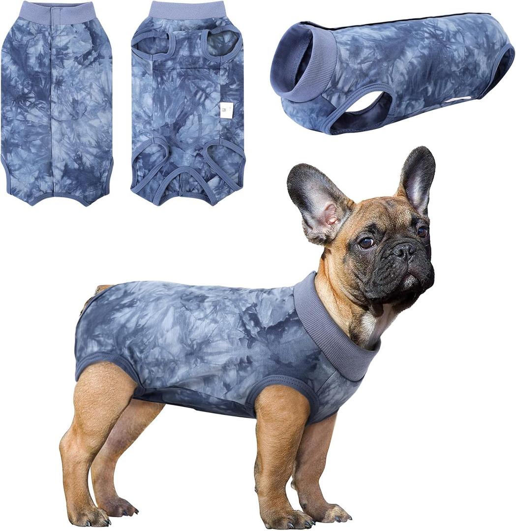 SAWMONG Recovery Suit for Dogs Female Male, Cotton Breathable Dog Onesie After Surgery Spay Neuter, Professional Pet Surgical Suit, Substitute E-Collar Cone (Tie-dye Blue, XS) (X-Small (Back: 7.9", Weight: 2.5-3 lb))