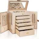 AKOZLIN Huge Jewelry Box Organizer Functional Extra Large Leather Jewelry Storage Case for Women Girls Ring Necklace Earring Bracelet Holder Organizer with Mirror (Champagne)