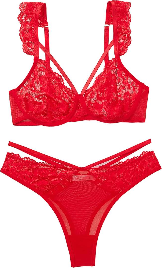Avidlove Lace Scallop Lingerie Set for Women Wireless Strappy Ruffle Bra and Panty Sets (Red, L)