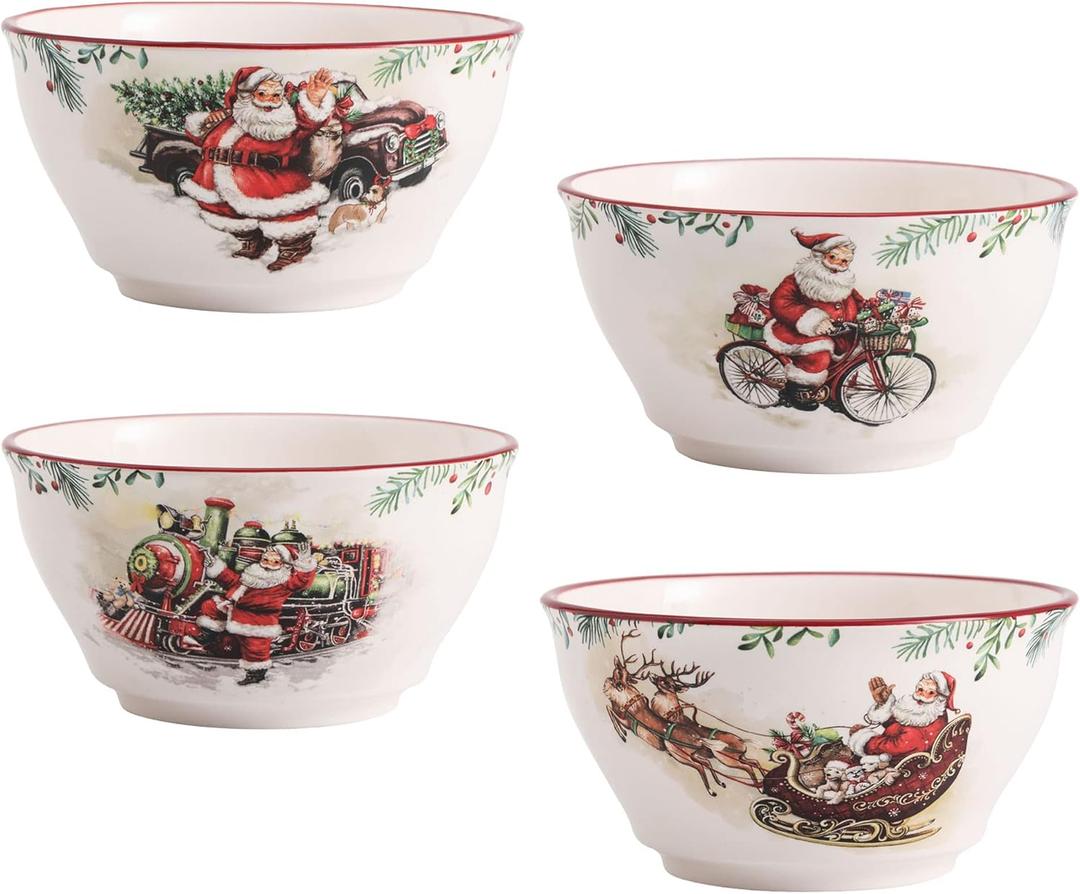 Bico Santa On The Way Cereal Bowls Set of 4, 25 oz Deep Ceramic Soup Bowls for Cereal, Salad, Noodles, Kitchen, Microwave and Dishwasher Safe, Gift for Housewarming and Christmas