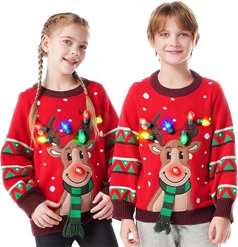 JOYIN Ugly Christmas Sweater Women Men Couples, LED Light Up Ugly Christmas Sweater Kids 2025 Reindeer(Red