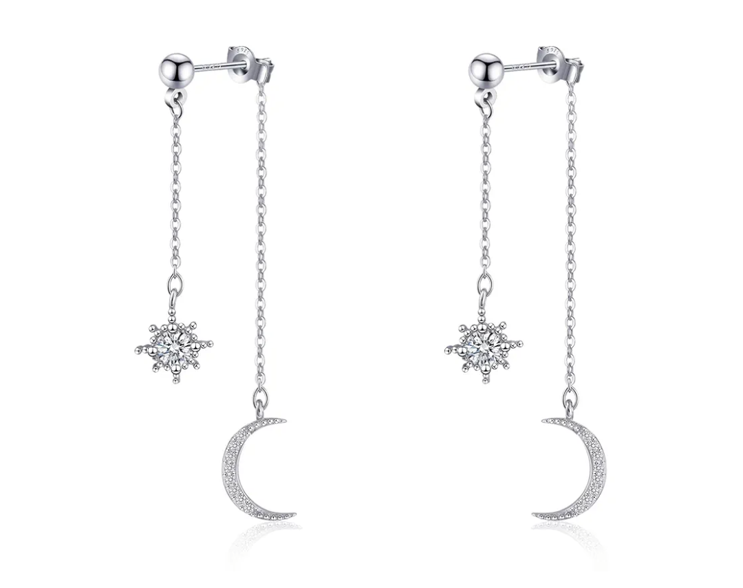 925 Sterling Silver Moon Star Earrings for Women Crescent Dangle with Cubic Zirconia Celestial Jewelry for Wedding