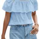 SweatyRocks Women's Off The Shoulder Blouse Short Sleeve Ruffled Summer Tops, L